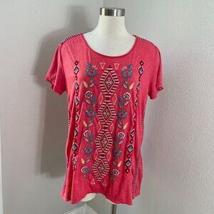 Johnny Was Womens Medium Embroidered Top Short Sleeve Shirt Button Back